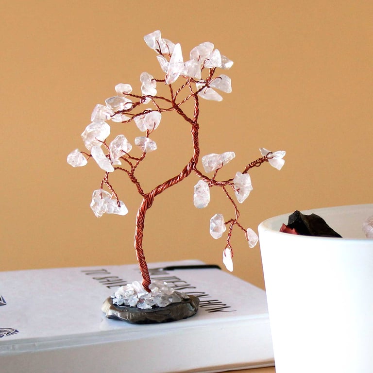 Rock Quartz Gemstone Tree on Black Agate Base - 35 Crystal Cluster Stones Home Decor Accent