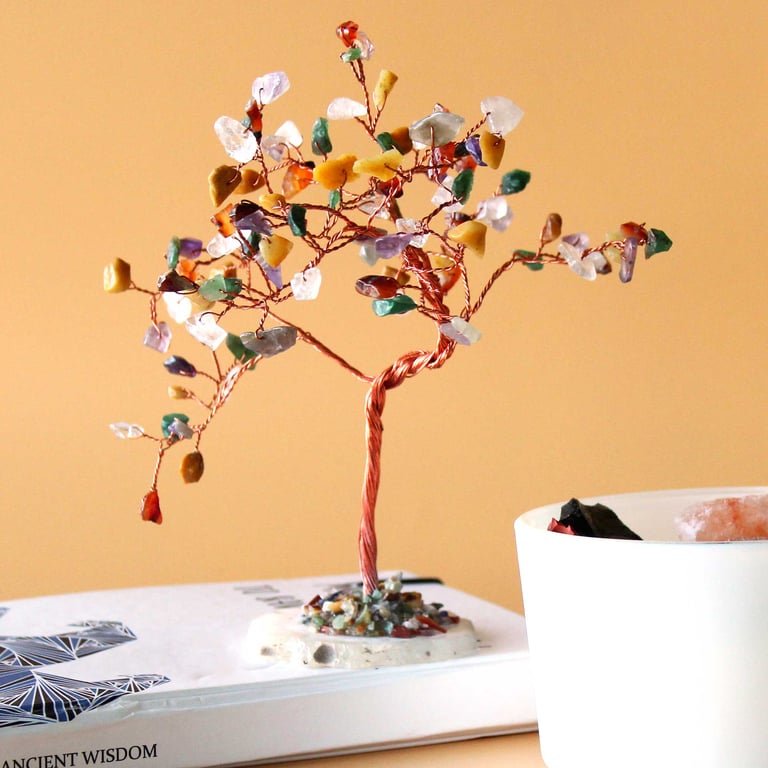 Large Gemstone Tree - Multi Stones on Natural Agate Base Decor, 100 Count Stone Accent Piece