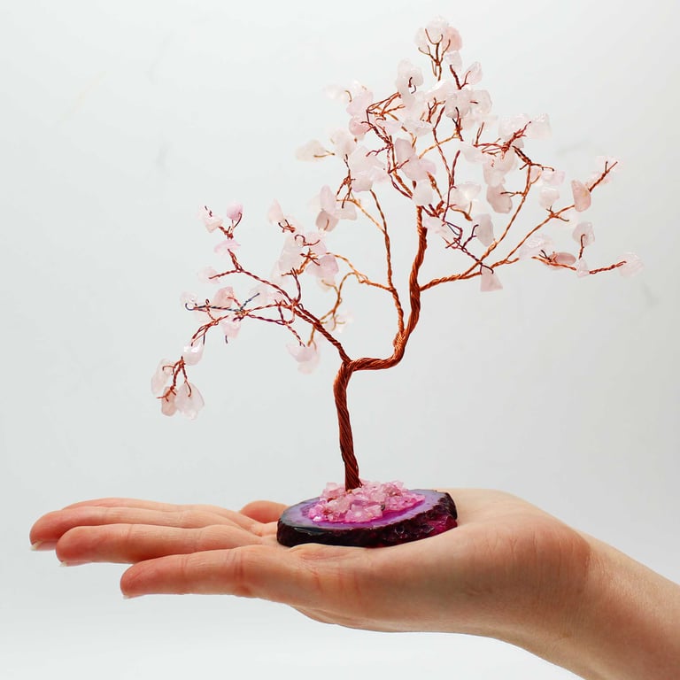 Large Gemstone Tree with Rose Quartz on Pink Agate Base - 100 Stones of Elegance