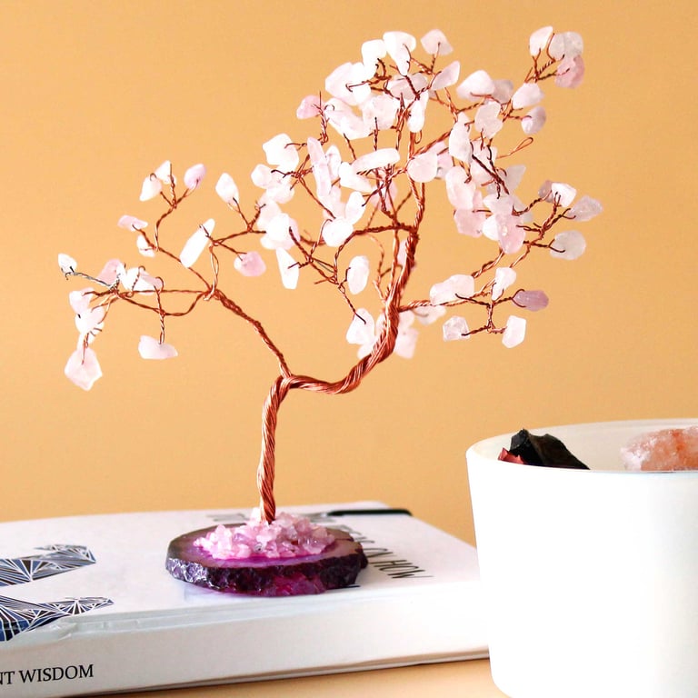 Large Gemstone Tree with Rose Quartz on Pink Agate Base - 100 Stones of Elegance