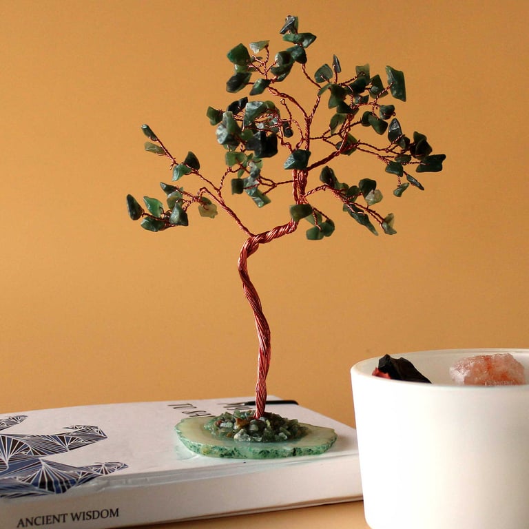 Green Aventurine Gemstone Tree on Green Agate Base - 100 Natural Stones Crystal Cluster Decoration