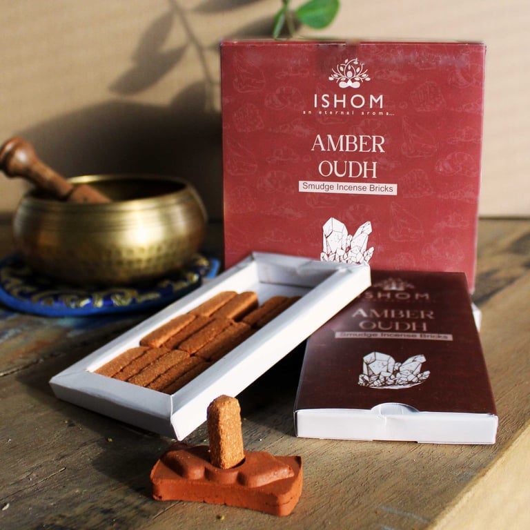 Natural Amber Wood Incense Bricks & Burner Set - 15 Pieces, Spiritual Cleansing Home Fragrance