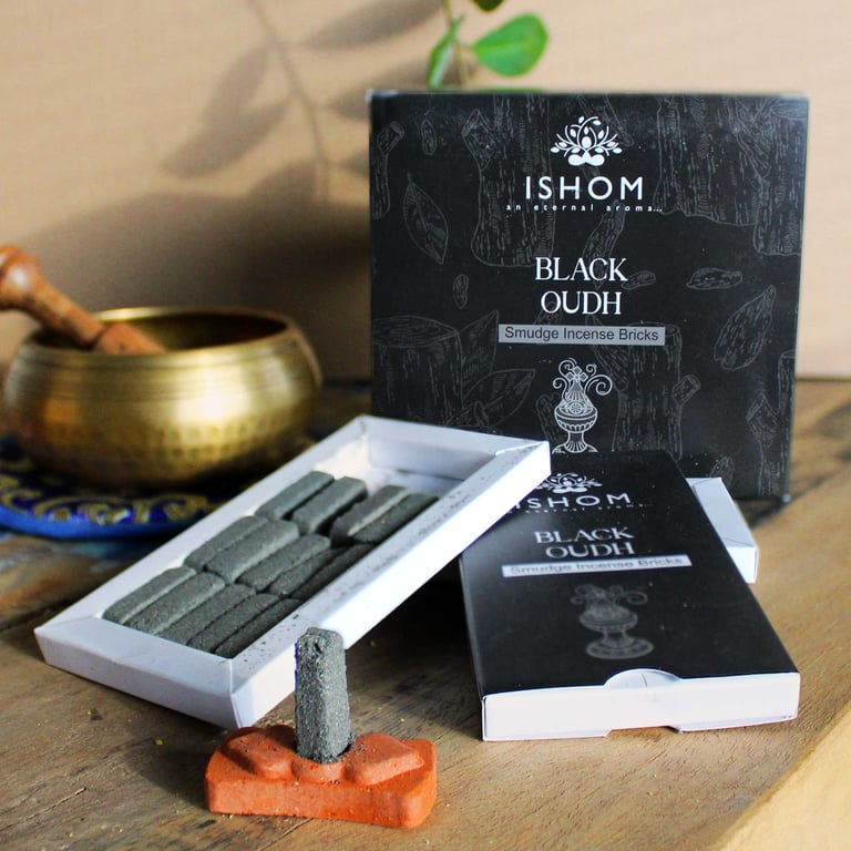 Natural Black Wood Incense Smudge Bricks Set - 15 Pieces & Burner for Home Aromatherapy