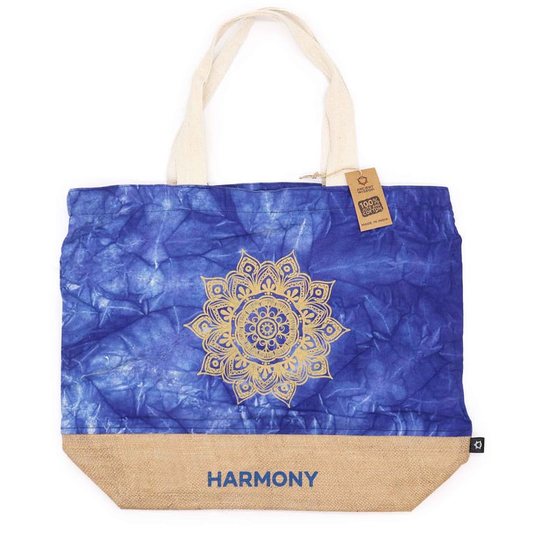 All Natural Harmony Bag - Blue Stonewash Mandala Print Eco Friendly Organic Cotton Tote