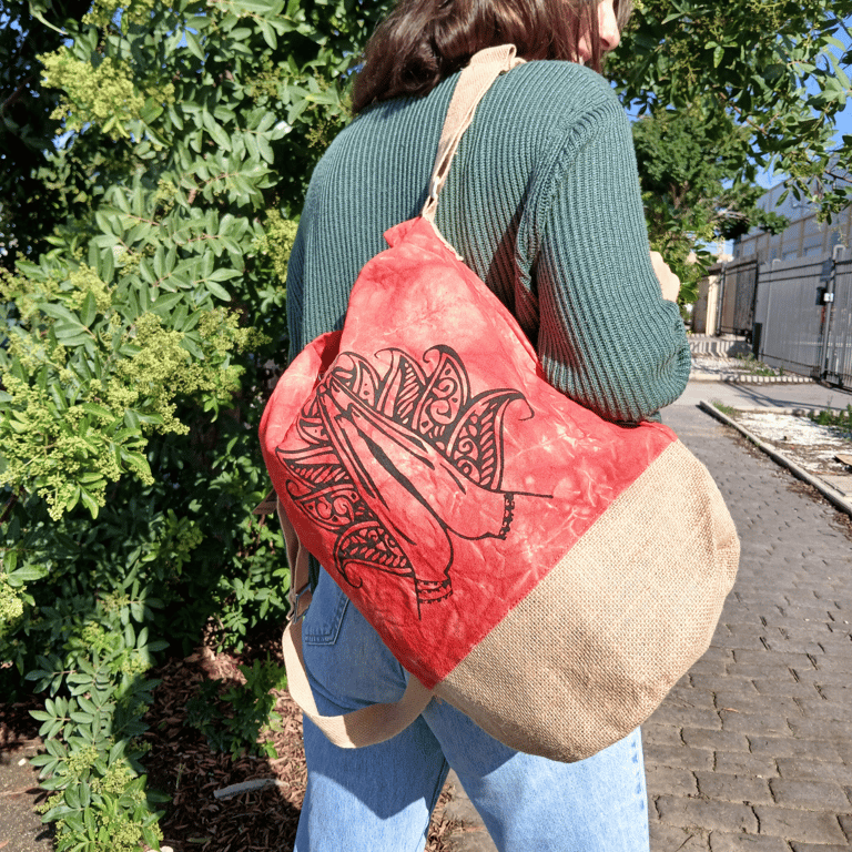 Orange Stonewash Namaste Hand All Natural Eco Friendly Backpack - Organic Cotton Construction