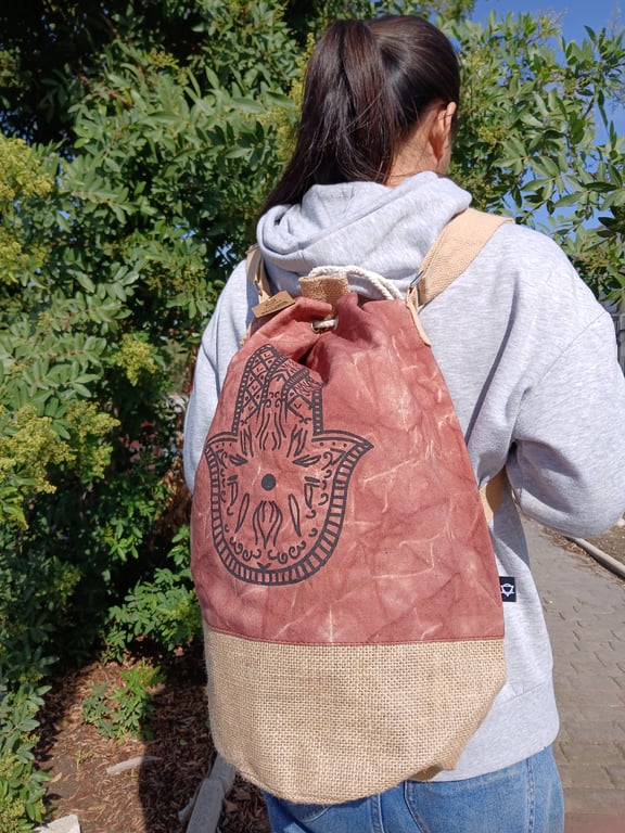 All Natural Backpack - Terracotta Stonewash Hamsa Design Eco Friendly Bag
