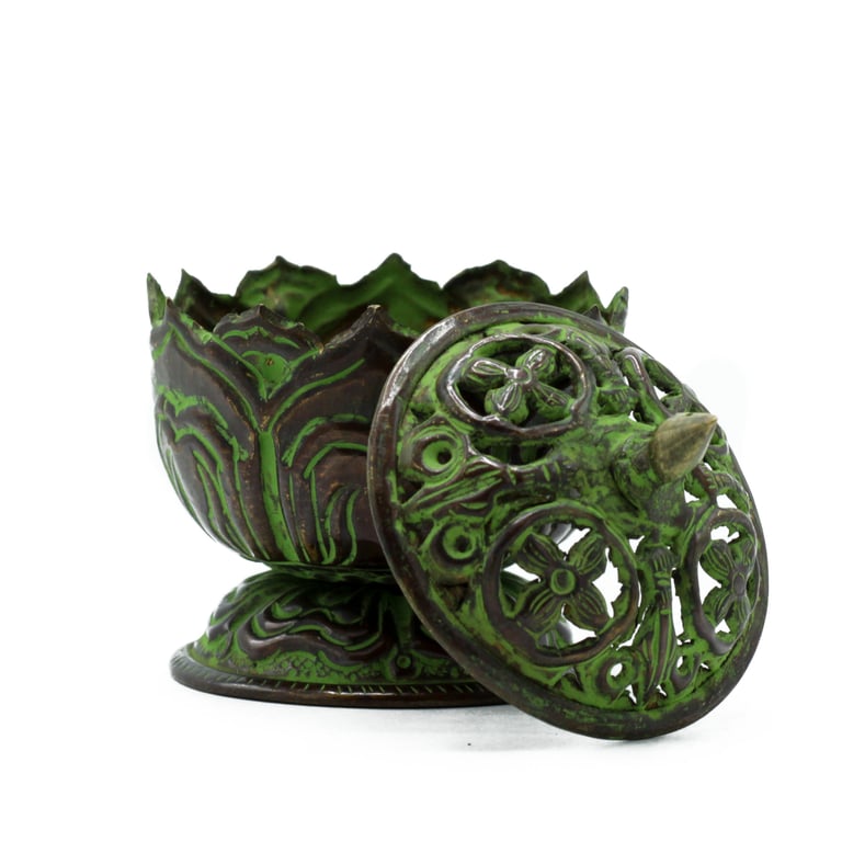 Small Tibetan Incense Burner (Lotus Design) - Brass Verdigris Finish