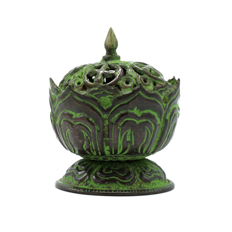 Small Tibetan Incense Burner (Lotus Design) - Brass Verdigris Finish