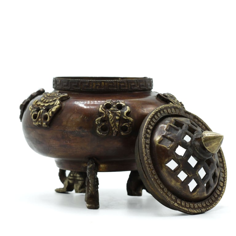 Tibetan Incense Burner (Brass, Six Symbols) - Decorative Standing Pot