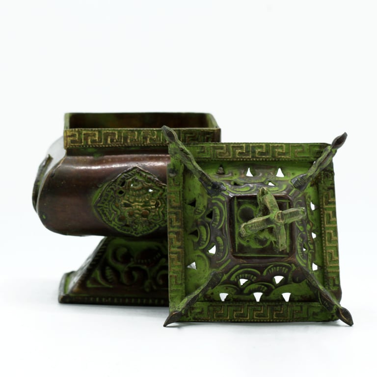 Tibetan Burner - Brass Verdigris Square Stand - 4 Symbols, Premium Quality