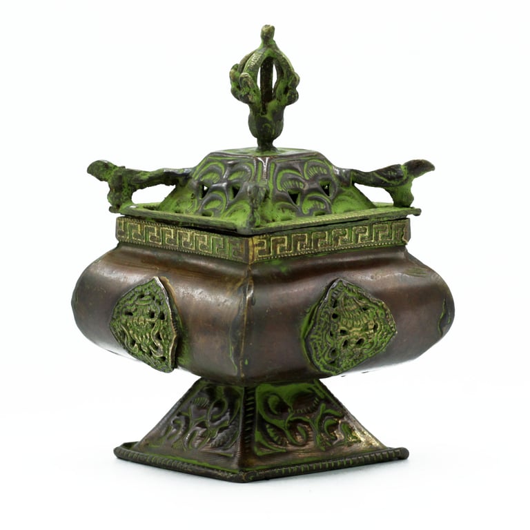 Tibetan Burner - Brass Verdigris Square Stand - 4 Symbols, Premium Quality
