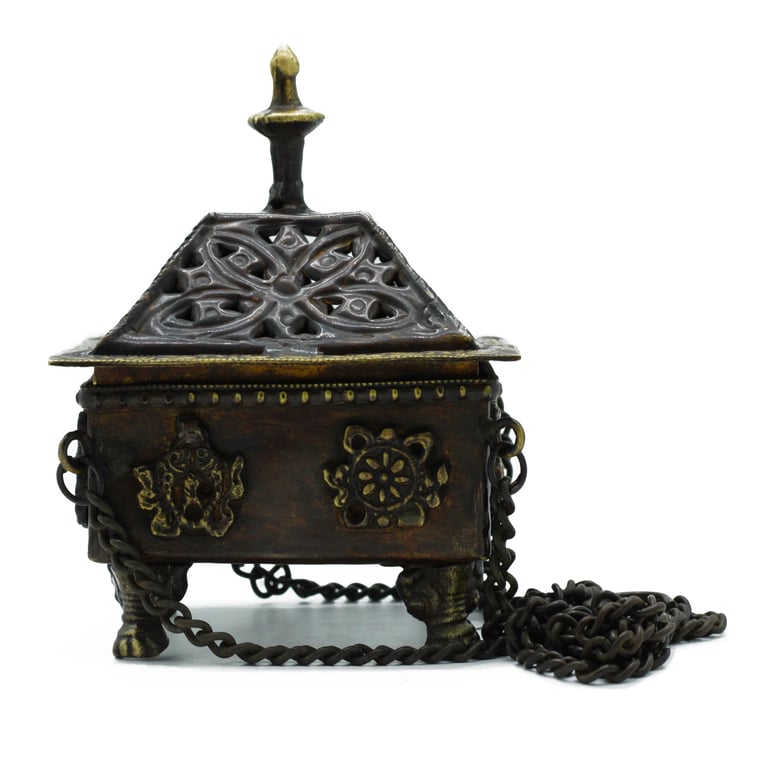 Square Brass Tibetan Burner (Eight Symbols) - Decorative Hanging Pot