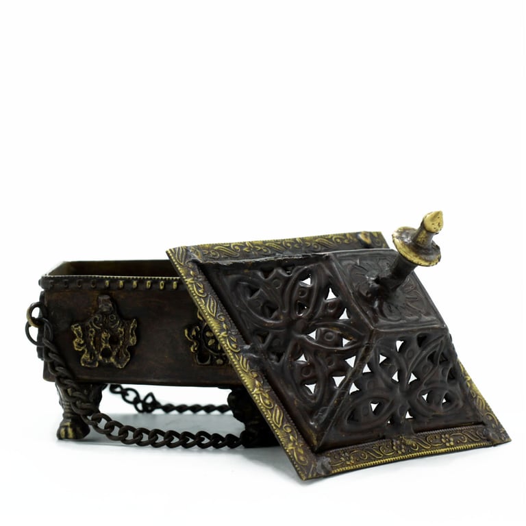 Square Brass Tibetan Burner (Eight Symbols) - Decorative Hanging Pot