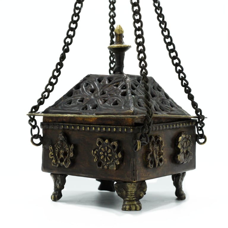 Square Brass Tibetan Burner (Eight Symbols) - Decorative Hanging Pot