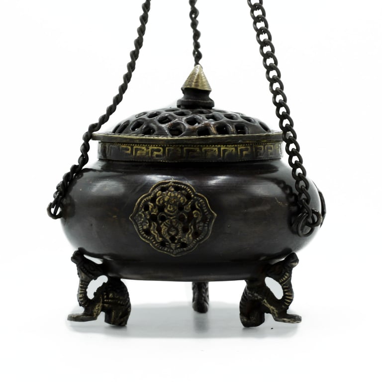 Large Brass Tibetan Burner (Four Symbol Hanging Pot) - Decorative & Spiritual Home Accessory