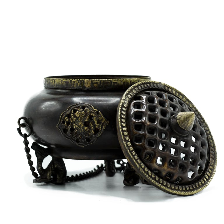 Large Brass Tibetan Burner (Four Symbol Hanging Pot) - Decorative & Spiritual Home Accessory
