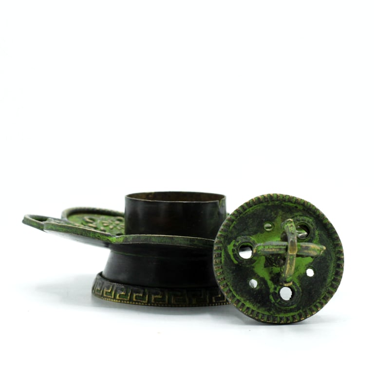 Tibetan Incense Holder - Brass Verdigris Cone - Eight Symbol Design