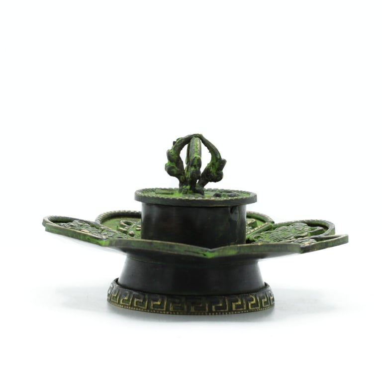 Tibetan Incense Holder - Brass Verdigris Cone - Eight Symbol Design