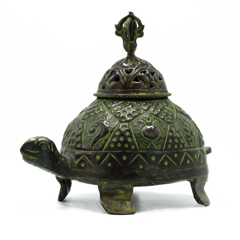 Large Brass Tibetan Incense Holder (Verdigris Turtle Design)