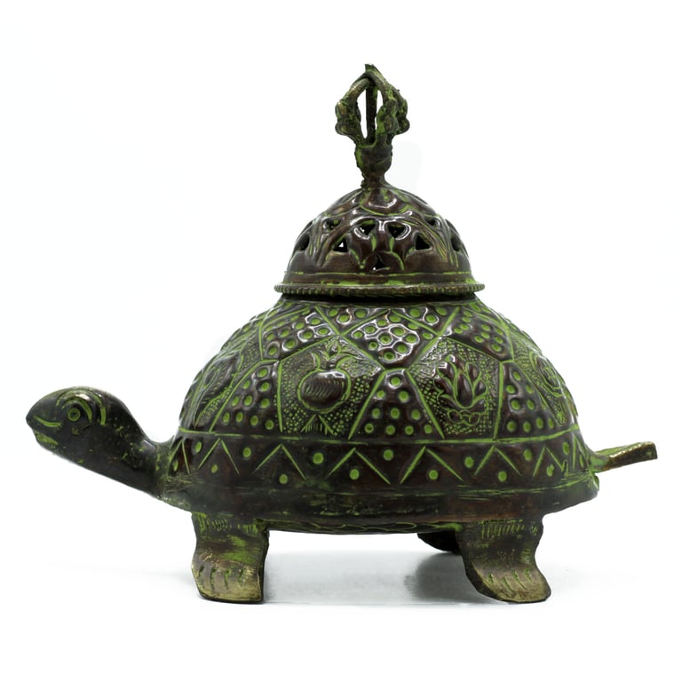 Large Brass Tibetan Incense Holder (Verdigris Turtle Design)