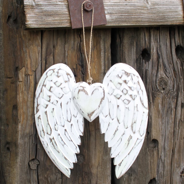 Hand Crafted Double Angel Wing & Heart Decoration - 24cm Decorative Piece