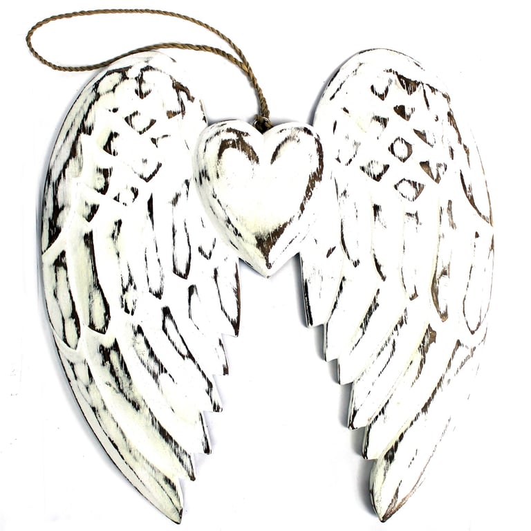 Hand Crafted Double Angel Wing & Heart Decoration - 24cm Decorative Piece