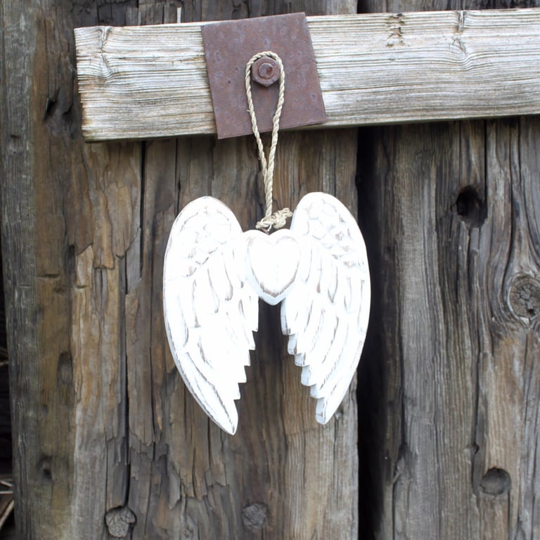 Hand Crafted Small Double Angel Wing & Heart Decoration - 15cm Handmade Heart Wings