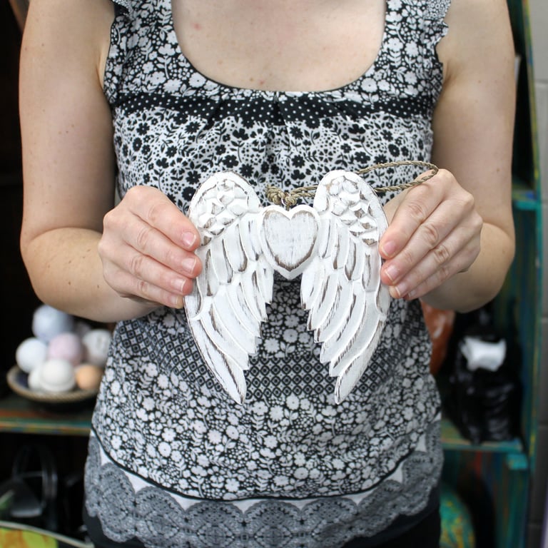 Hand Crafted Small Double Angel Wing & Heart Decoration - 15cm Handmade Heart Wings
