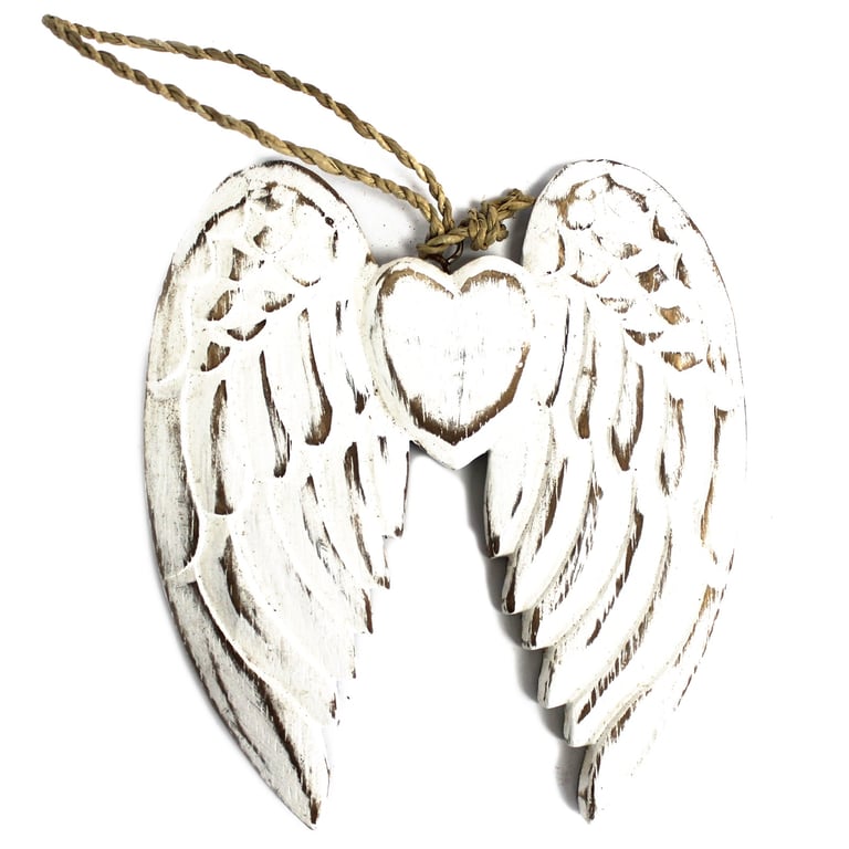 Hand Crafted Small Double Angel Wing & Heart Decoration - 15cm Handmade Heart Wings