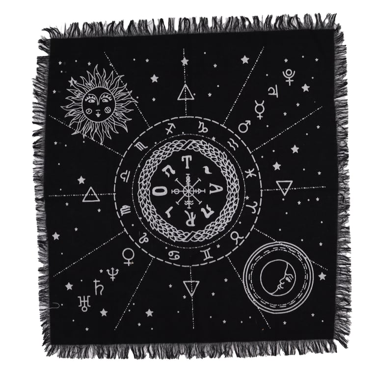 Esoteric Fringed Altar Cloth - Moon & Sun Chart Spiritual Decor