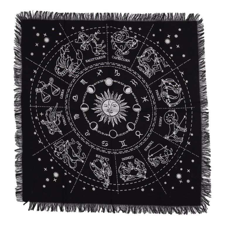 Esoteric Fringed Altar Cloth - Mystical Horoscope Design Spiritual Decoration