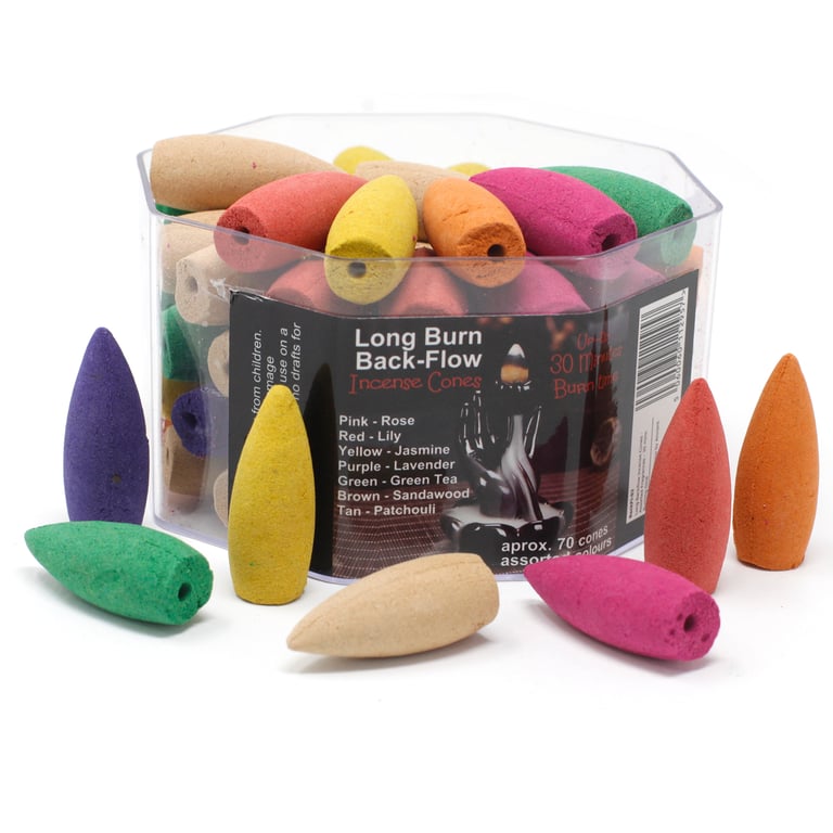 Long Backflow Incense Cones - Assorted Fragrances, 30 Min Burning Time