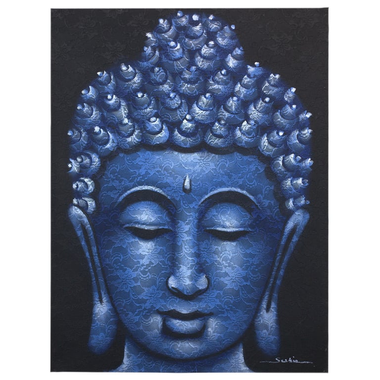 Blue Brocade Detail Buddha Painting - Artisan Crafted