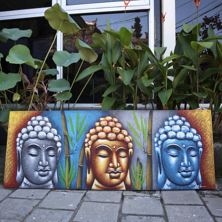 3-Headed Bamboo Buddha Painting - Artistic Decorative Item