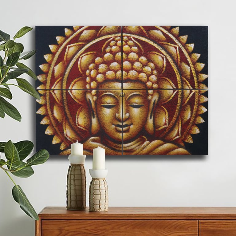 4 Piece Gold Mandala Brocade Buddha Art, 30x40cm Decor Set