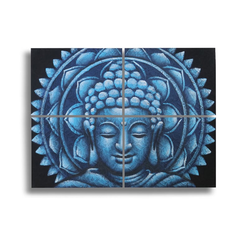 4 Piece Blue Mandala Brocade Wall Art - 30x40cm Buddha Detail