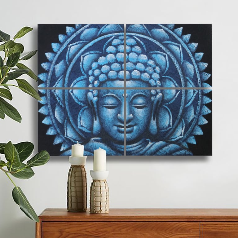 4 Piece Blue Mandala Brocade Wall Art - 30x40cm Buddha Detail