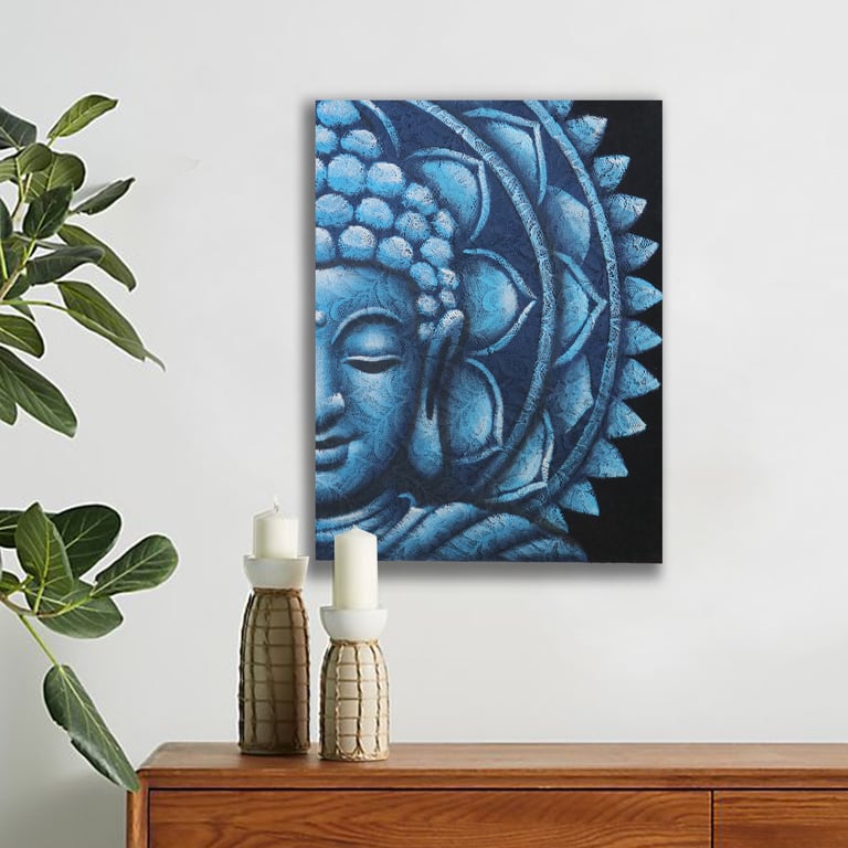 60x80cm Blue Half Buddha Mandala Artwork - Decorative Wall Art, Blue Lotus Home