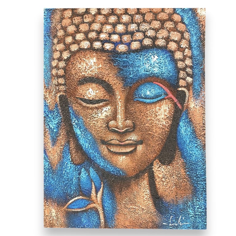 75x55cm Bronze & Blue Flower Buddha Painting (Artwork)