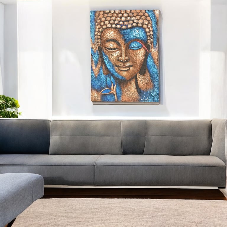 75x55cm Bronze & Blue Flower Buddha Painting (Artwork)