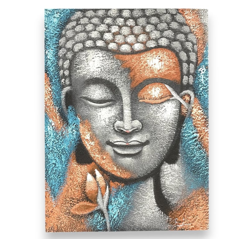 75x55cm Silver & Rose Gold Buddha Painting - Artcraft Studio