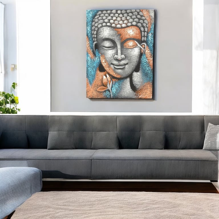 75x55cm Silver & Rose Gold Buddha Painting - Artcraft Studio