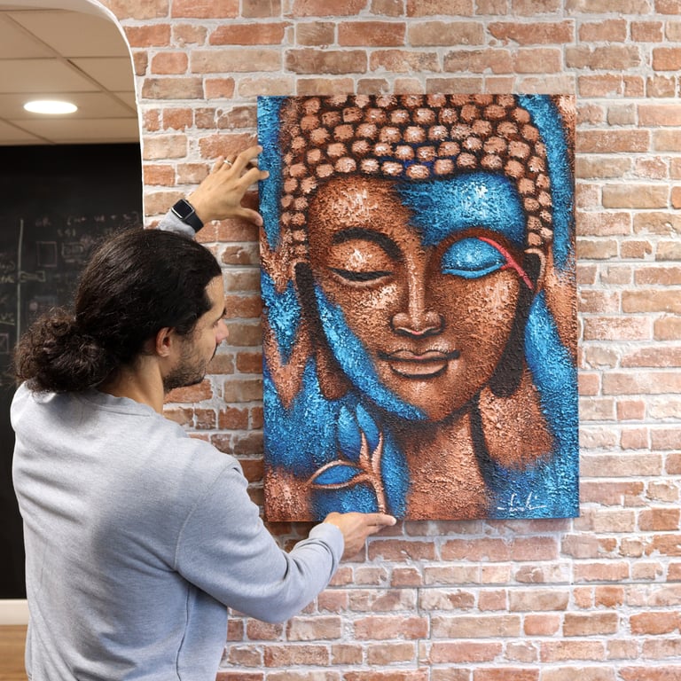 Large Blue & Gold Flower Buddha Painting (75x55cm)