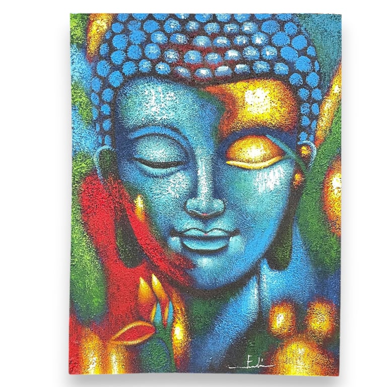 Large Blue & Gold Flower Buddha Painting (75x55cm)