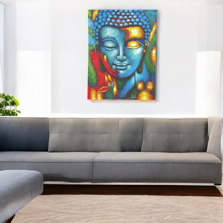 Large Blue & Gold Flower Buddha Painting (75x55cm)