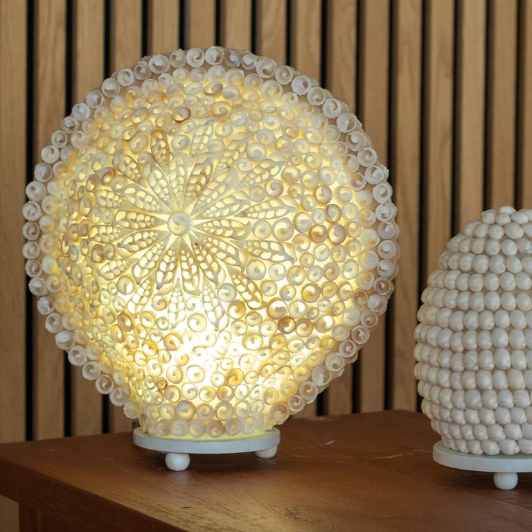 Large Round Boho Sea Shell Lamp (30cm) - Cut Art Shell Design