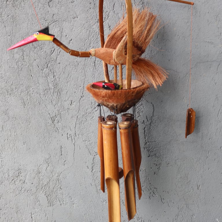 Bamboo Windchime - Natural Finish, Mother & Chicks Nature Sound Decoration for Outdoor Use