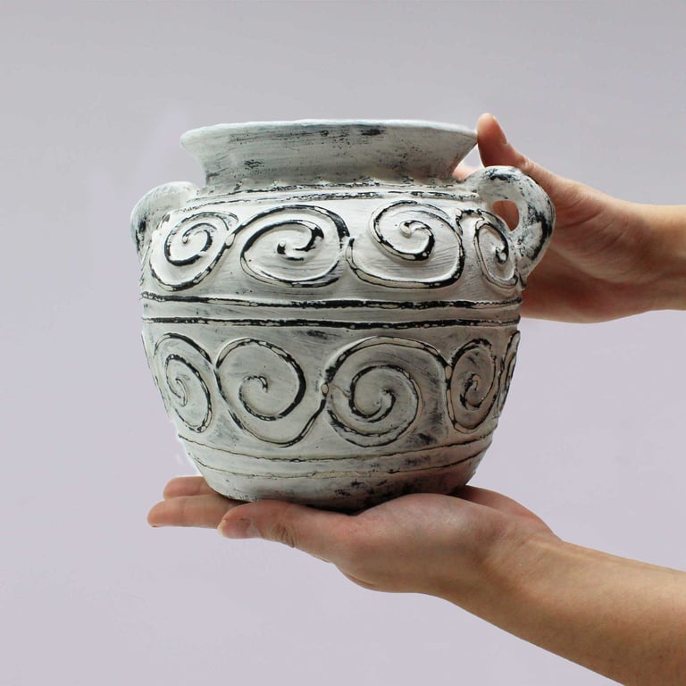 Clay Plant Pot With Handles (Greek Design) - 15cm, Cream Color
