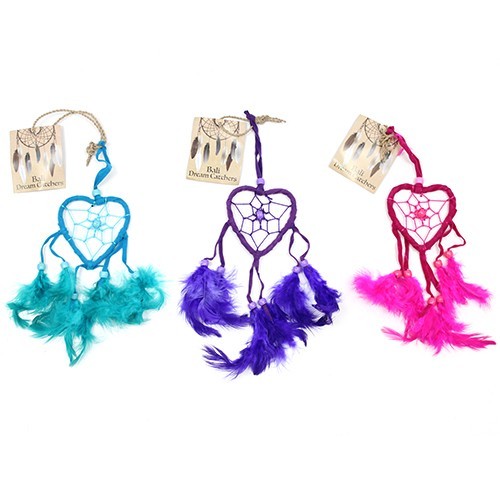 Bali Dreamcatcher - Small Heart Design, Handmade Boho Decoration with Turquoise, Pink, and Purple Accents