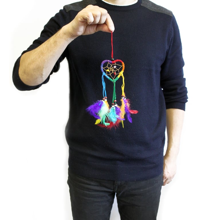 Bali Dreamcatcher - Small Heart Design, Handmade Boho Decoration with Turquoise, Pink, and Purple Accents